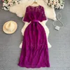 2023 Summer Premium Retro klänning Kort ärm Runda nacken Slim Hollow Lace Dress Elegant Long Dress