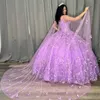 Lilac Lavender Princess Quinceanera Dresses with Cape 2023 Beaded Butterfly 3D Bow Lace-up Corset vestidos evening prom gowns