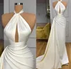 Ivory Halter Long Evening Formal Dress Split Sheath Keyhole Neck Pleats Ruffles Prom Party Gowns Arabic Aso Ebi Robe de Soiree 2023