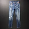 Herren Jeans Mode Streetwear Männer Jeans Retro Hellblau Elastische Slim Zerrissene Jeans Männer Gemalt Designer Hip Hop Denim Bleistift Hosen Hombre 230316