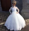 Long Sleeves Ball Gown Flower Girls Dresses Lace Applique Floor Length Wedding Party Gowns High Neck Toddler Kids Tulle Formal Dress