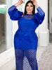 Plus size jurken blauw patchwork o nek holle out lange lantaarn mouw hoge taille dames cocktail evenementen feest outfits 4xl