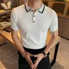 Men's Polos Summer Knitted POLO Shirt Men Solid Color Shorts Sleeve Polo Hombre Knit Breathable Casual Slim Fit Business Social Clothes 230316