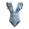 Damen-Bademode, Retro-bedruckter Badeanzug mit Rüschenrand, Einteiler mit Rock, schmaler Bikini-Anzug, V-Ausschnitt, rückenfrei, Bademode, Damen, Urlaub, Strandkleid, 230316