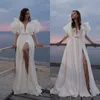 Bride Gowns Soft Chiffon Wedding Dresses With Sexy Deep V-Neck New Bow Side High Split Bridal Gown Custom Made Brush Train Robes De Mariee