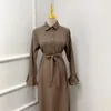 Vestido étnico linho mulheres camisa longa vestido doce lapela flare manga modesta modesta abaya dubai paquistani manto de babados