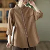 Kobiety damskie koszule damskie etniczne retro wydrukowane odrzucone kołnierzyki Patchwork Jednbregailded Tops Autumn Pocket Casual Cotton Line Bluzka