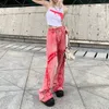 QNPQYX American Style Vintage Washed Raw Edge Fashion High Waist Casual Trousers Wide Leg Jeans Women Y2k Streetwear Baggy Pink Pants