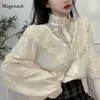 여자 블라우스 셔츠 패션 패션 한국 레이스 up ruffled blouses 여자 가을 달콤한 느슨한 옷 스탠드 콜라 레이디스 탑 빈티지 레이스 셔츠 여자 11335 230316