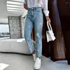 Kvinnor Pants Fashion Streetwear Solid Hole Jeans For Ladies Office pendla Casual Blue Denim Pant Spring Woman Print Slim Straight