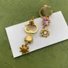 Pink Big Jewel Dangle Charm Gold Flower Eardrop Full Diamonds Double Letters Geometry Design Ear Stud