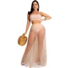 Two Piece Dress Beach Cover Ups For Women Long Mesh Skirt Strapless Croptop Summer Fashion Coverup See Through Set 2 Pieces