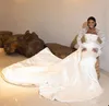 Eleganti abiti da sposa a sirena Maniche lunghe Bateau Diamanti Raso Perline Paillettes Appliques Treno staccabile Perle Abiti da sposa Taglie forti Vestido de novia Personalizzato