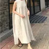 Casual Dresses S-XL Korean Style Cotton Linen Women Dress Casual ärmlös Vestidos Kvinna O Neck Split Maxi Robe Sundress 120859WLA W0315