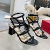 2023 Brand women's block heel sandals leather studs high heels leather sexy party shoes 9.5cm