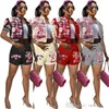 Neue Sommer Trainingsanzüge Frauen 2 Stück Shorts Sets Casual Gedruckt Baseball Jacke Anzug Kurzarm Outfits Casual Aktive Sportswear