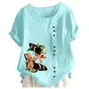 Casual Dresses High Low Formal Women's Printed Round Neck Raglan Sleeve Hem Slitt Loose Short Button Decoration Shirt