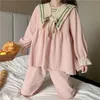 Pijama xadrez de manga longa feminina feminina feminina conjuntos de pijama de princesa doce turn the colar colarinho