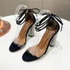 Sandaler 2023 Summer Fashion Women's Thick Heels Round Toe Naked Lace-Up Sexy High Party Shoes