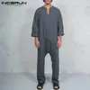 Pantalones para hombres INCERUN Monos para hombre Bolsillos Vintage Monos largos Algodón Sólido Casual Pantalones sueltos Hombres Musulmanes Ropa islámica Kaftan