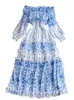 Casual Dresses French Romantic Chiffon Blue Maxi Dress Woman's Sexy Off Shoulder Lantern Sleeve A Line Flower Print Ruffled långa klänningar M7416# W0315