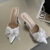 Rhinestones Woman High Heels Pumps Shoes 2023 Designer Luxury Ladies Crystal Sandals Mules Fashion Butterfly Knot Female Slides 0316