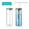 Entrepôt américain 16 oz 25 oz Sublimation Double paroi Gobelet Verre à bière transparent Transfert de chaleur Boîte en verre vierge avec couvercle en bambou Paille Boule de neige de Noël Gobelets B5