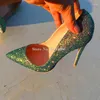 Отсуть обувь Shinning Sequin Stiletto каблуки насосы женщины сексуальные заостренные пальцы зеленого цвета высокий высокий большой размер одиночный капля