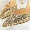 Dress Shoes Sexy Women Low 7.5cm 9.5cm High Heels Sandals Wedding Scarpins Metal Heels Sandals Strap Stiletto Bridal Glitter Gold Pumps 230316