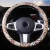 New Diamond Steering Wheel Cover for Women with Bling Crystal Rhinestones Gold Leopard Pattern Leather Universal Fit Size 37-39cm