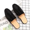 Luxury Diamond Men Slipper Mules Backless Loafers Men Leather Shoes Retro Flat Heel Party Slippers Slip On Shoes Chaussure Homme