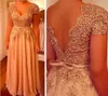 Abito per la madre della sposa Abito da festa per matrimoni Formale Personalizzato New Sexy Plus Size Abiti per la madre Una linea con scollo a V Applique Perline Chiffon Backless Champagne