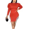 Robes décontractées Sexy robe rouge pour les femmes manches bouffantes moulante gland Mini longueur élégante soirée soirée dîner Vestidos Mujer 2023