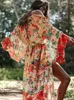 Damen Bademode Floral Beach Cover Up Chiffon Kimono Fledermausärmel Maxi Wickelkleider Sommer Badeanzug Cape Pareos De Playa Mujer