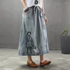 Skirts 23 Women Denim Spring Summer Indie Folk Style Washed Bleached Patchwork Print Loose Shiring Female Tide A-Line Skirt