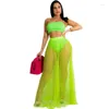 Two Piece Dress Beach Cover Ups For Women Long Mesh Skirt Strapless Croptop Summer Fashion Coverup See Through Set 2 Pieces