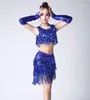 Stage Wear Performance Women Dancewear Dinner Dress Salsa Costume Set With Necklace Ballroom Competition Sequins Latin Dresses For Girls