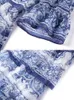 カジュアルドレス2023新しい夏の女性ゴージャスな青と白の磁器プリントカスケードフリル5層ケーキフレアスリーブシフォンマキシドレスW0315