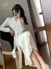 Casual Dresses H Han Queen Autumn Single-Breasted Casual Pullover Sweater Vestidos Elegant Simple Office Dress Women's V-Neck A-Line Dresses 230316