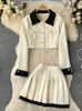 Zwei Stück Kleid Tweed Ensemble Femme Vintage Kollision Farbe Crop Blazer Röcke Anzug Weibliche Lange Ärmeln Jacke Falten Rock conjuntos de mujer 230316