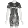 Casual Dresses Zoctuo Faux Leather O Neck Kort ärmar Solid Sexig Slim Mini Prom Dress 2023 Summer Women Elegant Y2K Clothes Birthday Party
