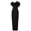 Casual Dresses Feather Bandage Dress 2023 Women Black BodyCon Elegant Sexy Axelitless Evening Party Club Outfits Summer