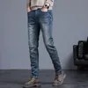 Mäns jeans herrskinniga grå jeans mode casual elastisk bomull smal korea blå cyklern blyerts denim byxor manliga hiphop märke kläder 230316
