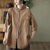 Kobiety damskie koszule damskie etniczne retro wydrukowane odrzucone kołnierzyki Patchwork Jednbregailded Tops Autumn Pocket Casual Cotton Line Bluzka