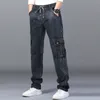 Herren-Jeans, Herren-Jeans mit hoher Taille, gerade, große Größe, Dinem-Hose, männliche schwarze Jeans mit seitlichen mehreren Taschen, blaue lose elastische Band-Cargohose 230316