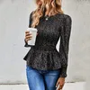 Women's Blouses Women Tops Casual Long Sleeve Crewneck Shirt Floral Print Smocked Ruffle Hem Slim Blouse Tunics Top