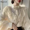 여자 블라우스 셔츠 패션 패션 한국 레이스 up ruffled blouses 여자 가을 달콤한 느슨한 옷 스탠드 콜라 레이디스 탑 빈티지 레이스 셔츠 여자 11335 230316