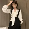 Women's Blouses Herstory Women's V Neck Casual Solid Bow Sweet Shirt Autumn Loose Long Sleeve Chiffon Blouse Top Frauen Kleidung 2023