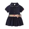 2023 Summer Baby Girls Princess Dresses With Bowknot Cotton Kids Turn-Down Collar Short Sleeve Dress Cute Girl Plaid Skirt Children Clothes Age 1-6 Years