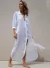 Traje de baño de mujer Vestidos de playa para mujer Camisas blancas Túnica Verano Traje de baño suelto Cubrir Ropa de playa de manga larga